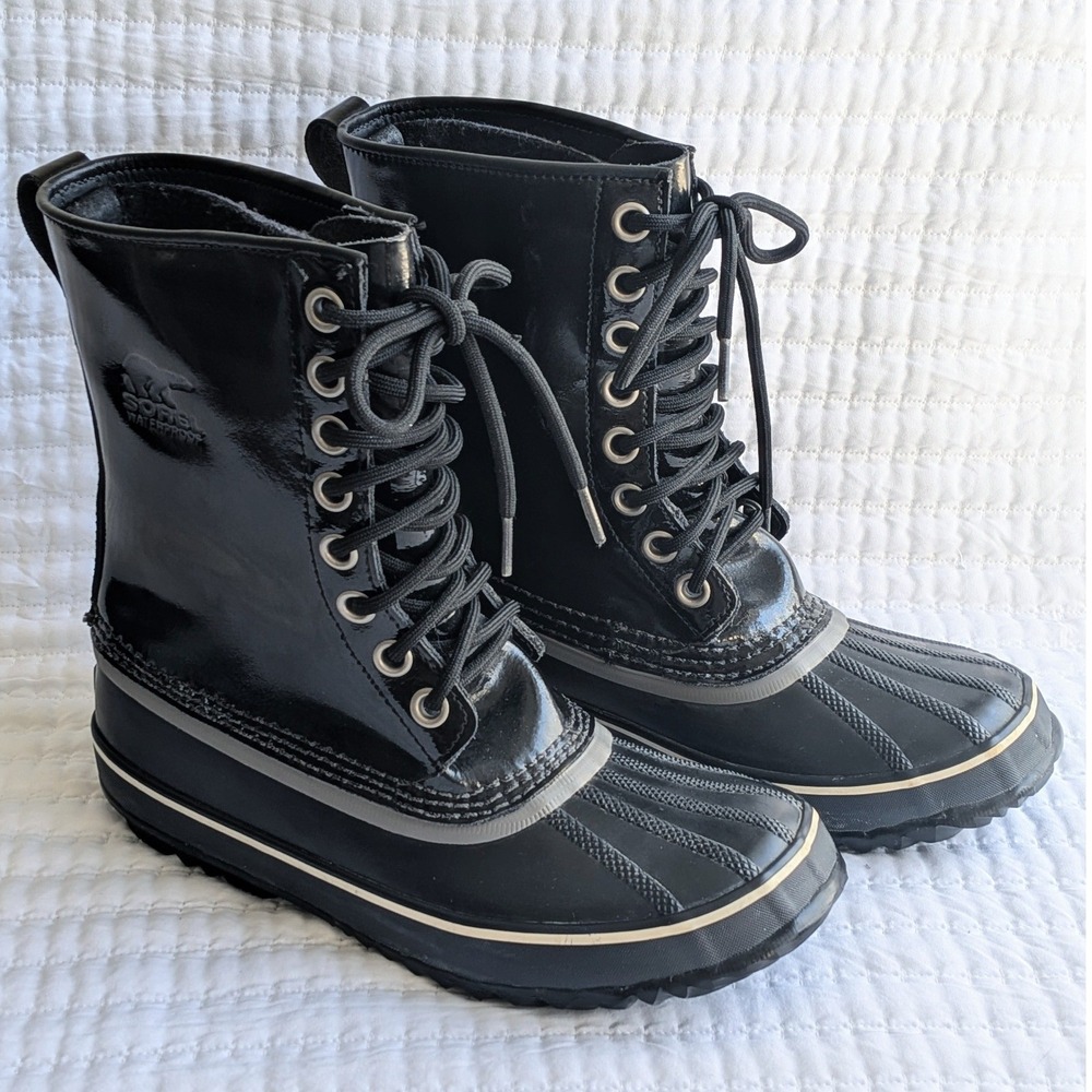 Sorel Dahlia‎ Waterproof Patent Leather Mid Calf Lace Up Snow Boots Black US 9